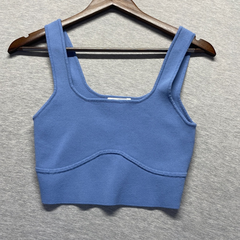 Glassons Cropped Top Womens Medium Blue Knit Nylon Square Neck Wide Straps Gym